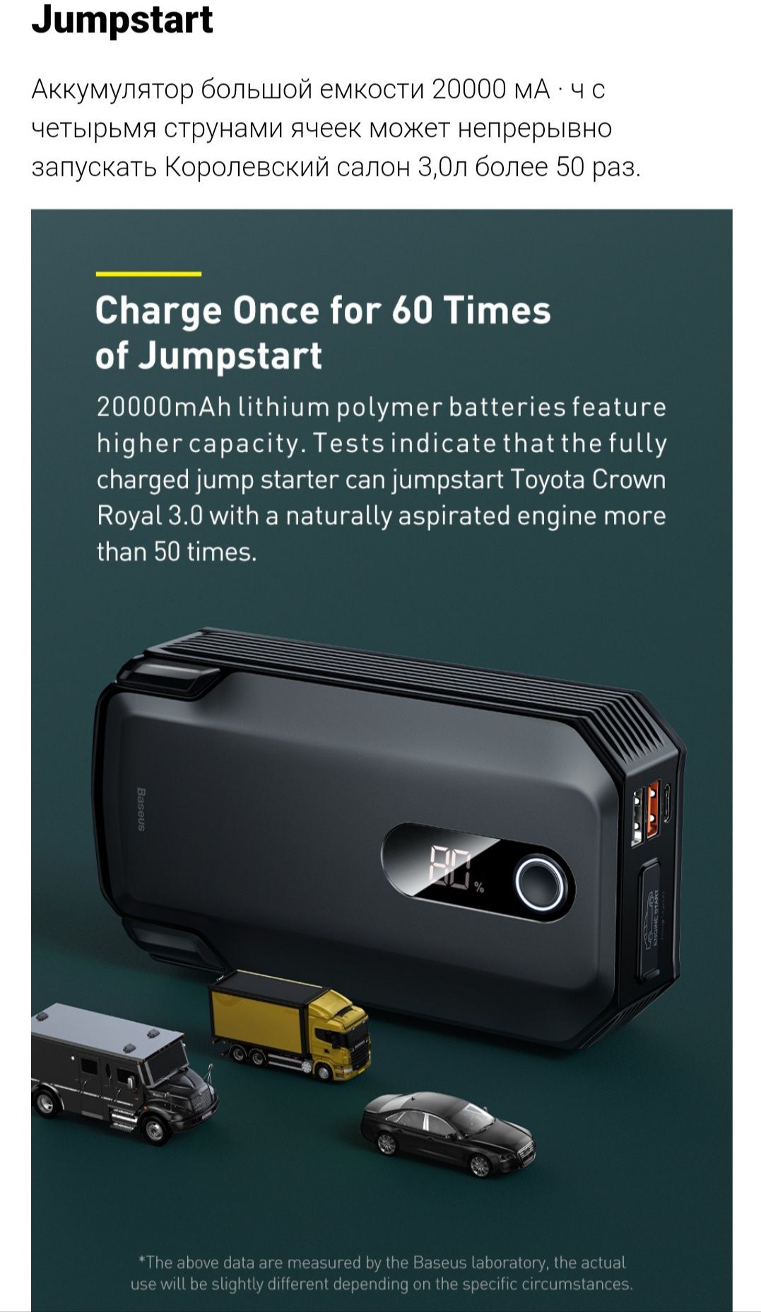Jump Starter  Бустер аварийный аккумулятор для авто джампстартер  АКБ