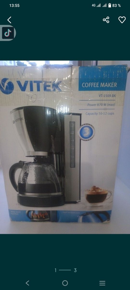 Продам кофеварку новую vitek ,за 9200тнг.