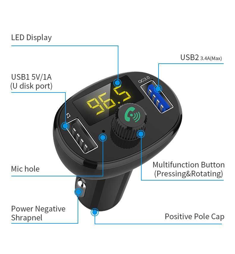 FM модулятор с Bluetooth и вольтметром зарядкой USB QC3.0 и MP3-плеер