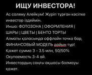 Ищу инвестор г Алматы