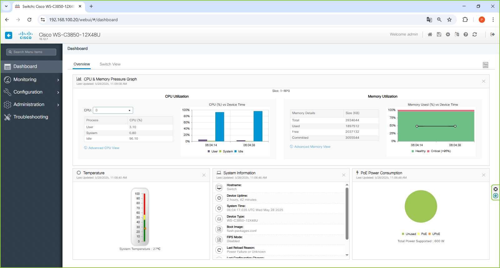Коммутатор Cisco WS-C3850-12X48U-S, MultiGigabit, SFP+, UPOE, Layer 3