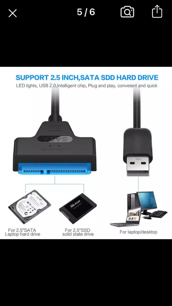 Переходник с USB 2,0 на SATA HDD 2.5 SSD 22pin за 3000т