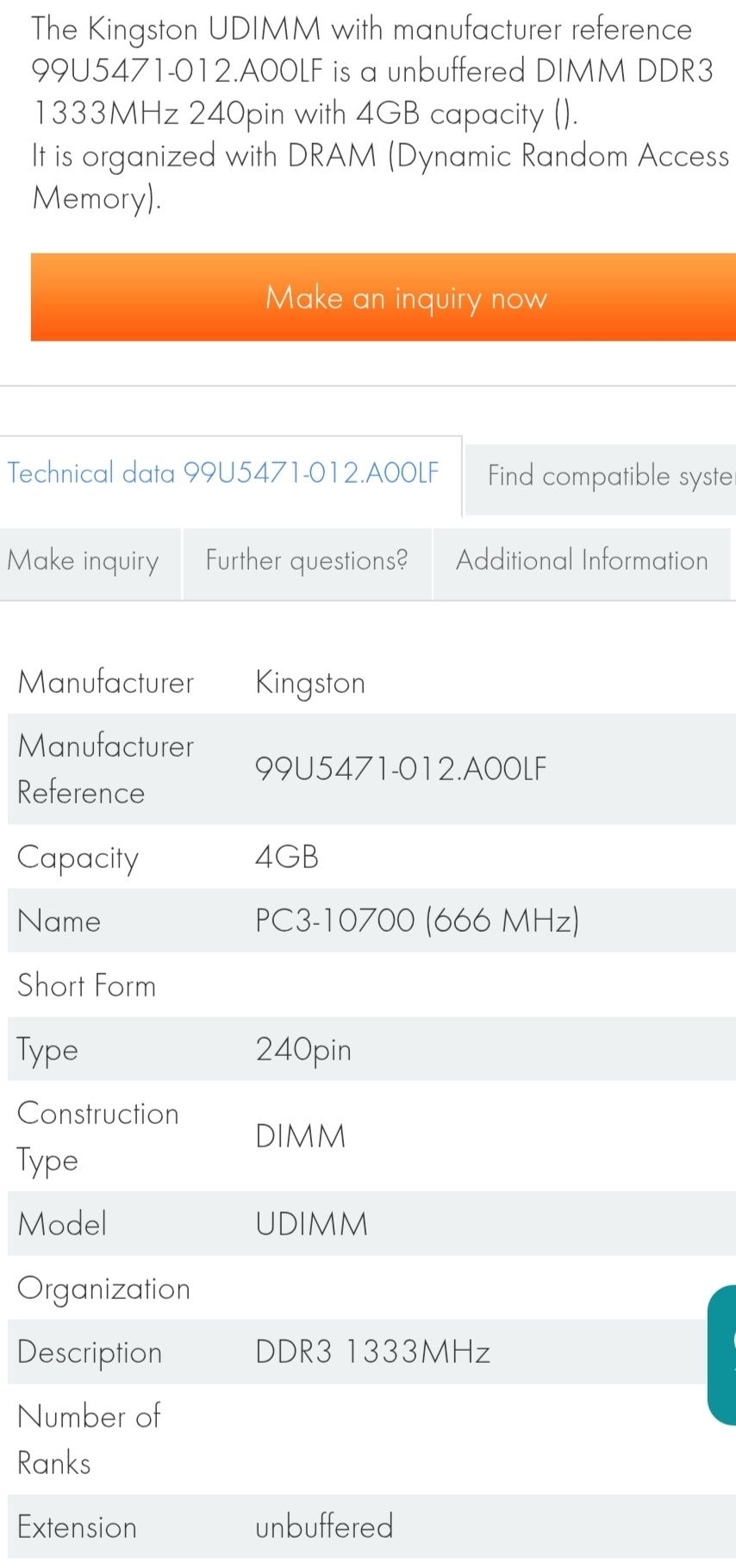 Продам оперативную память kingston 4gb 1333ghz