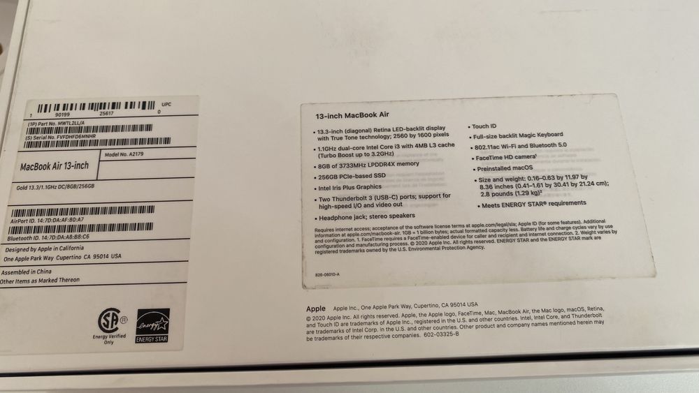 Macbook air 256 gb 2020