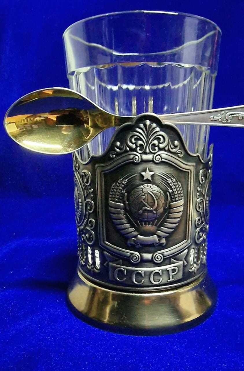 Подстаканник с гербом СССР стакан и ложечка мнц посеребренная