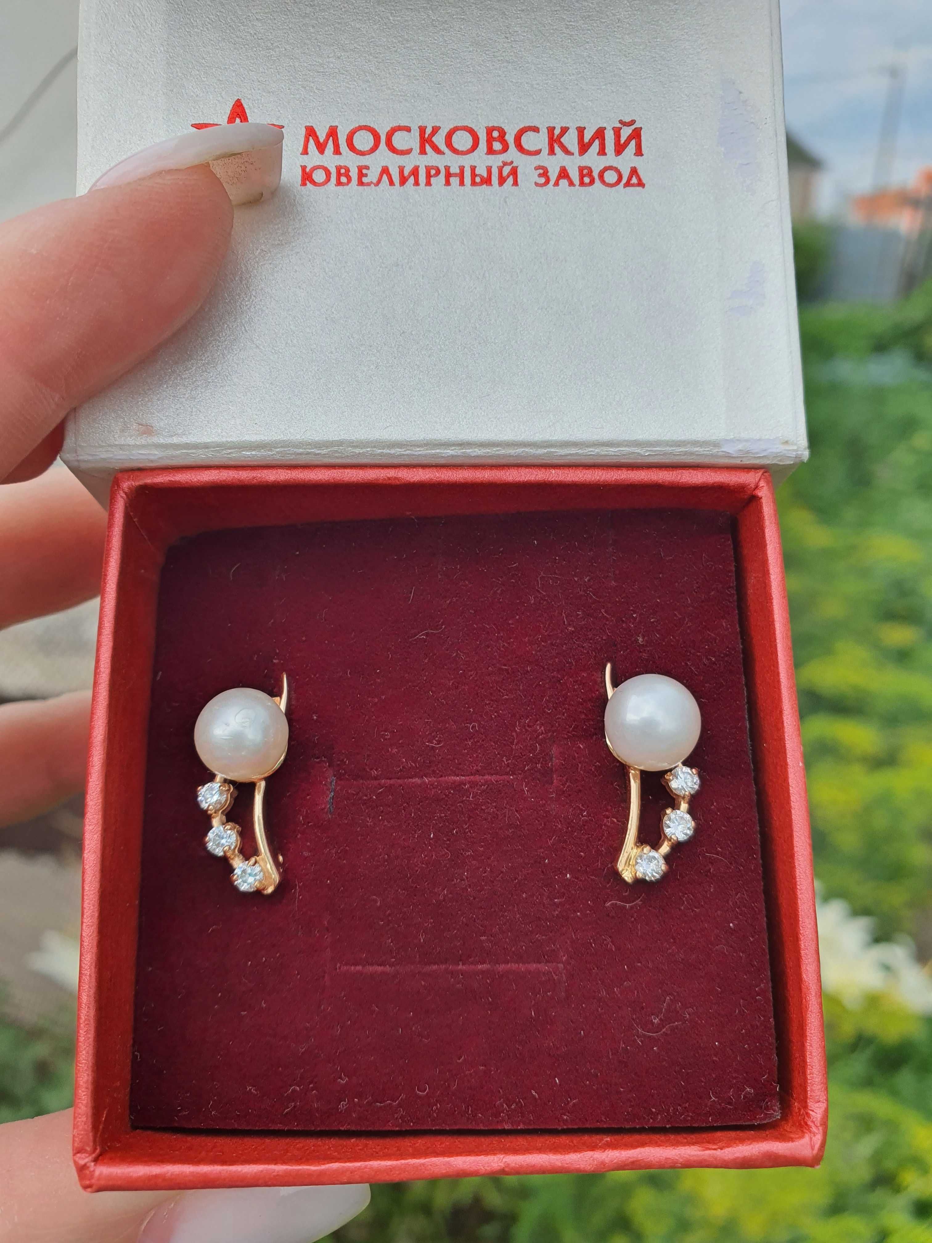 Золотые серьги 585 с жемчугом и фианитами 5г новые, РФ