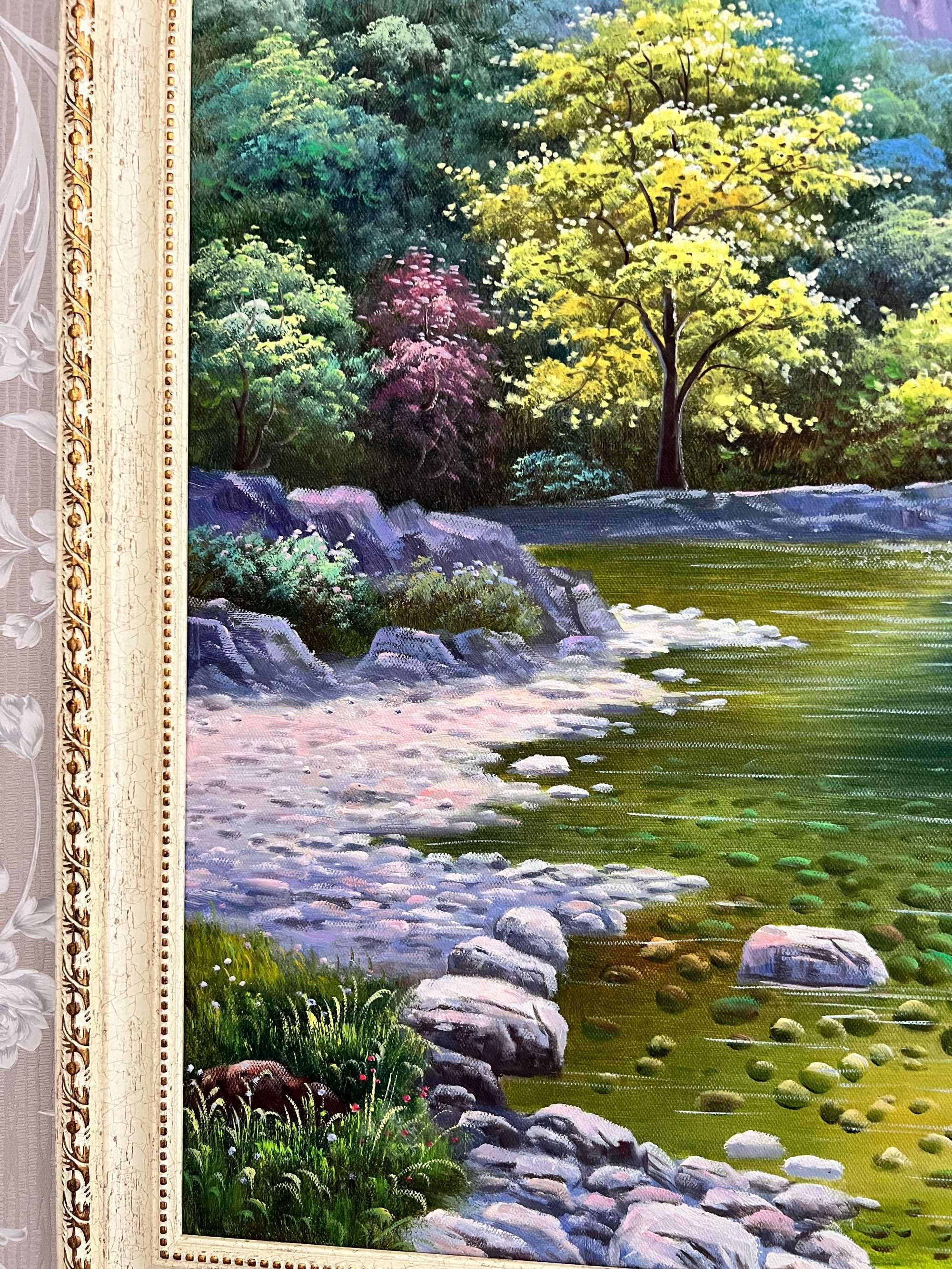 Качественная картина маслом, изысканная рама, три олененка.