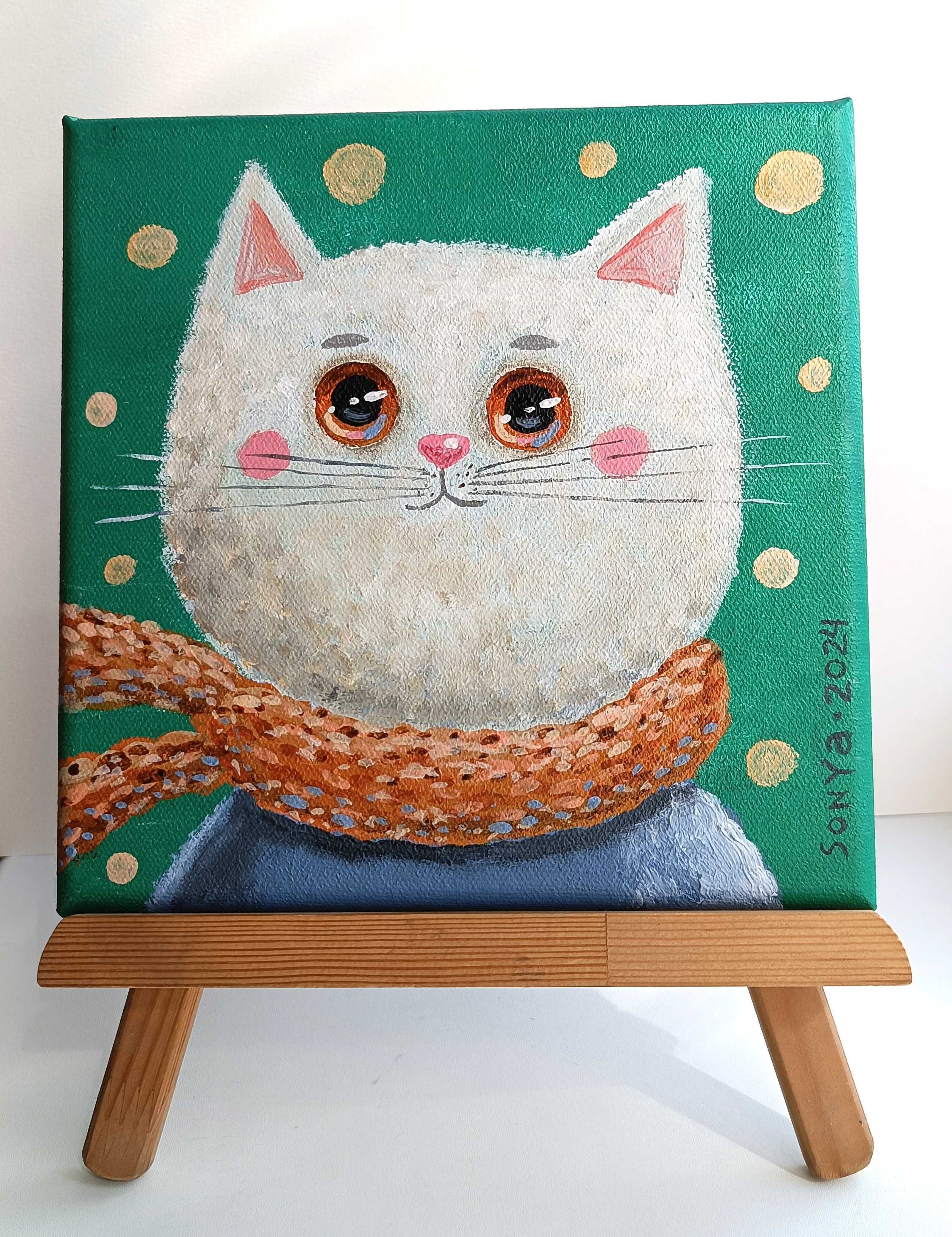 Картина с котом, 20 х 20 см, живопись акрилом