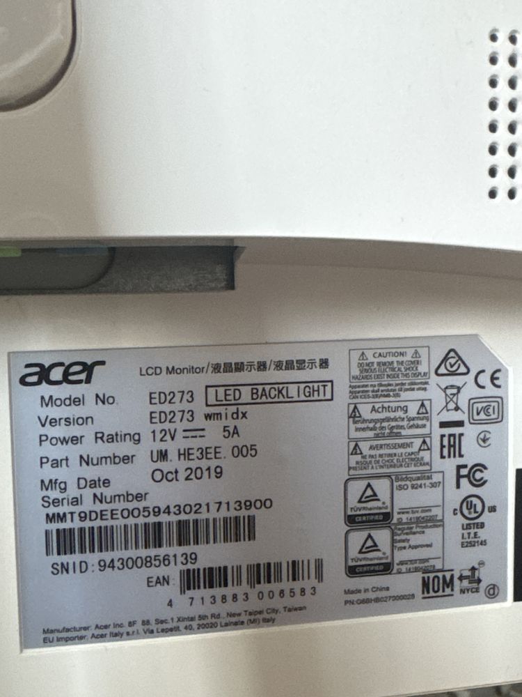Продам монитор acer ED273wmidx ,,27,,75 гц