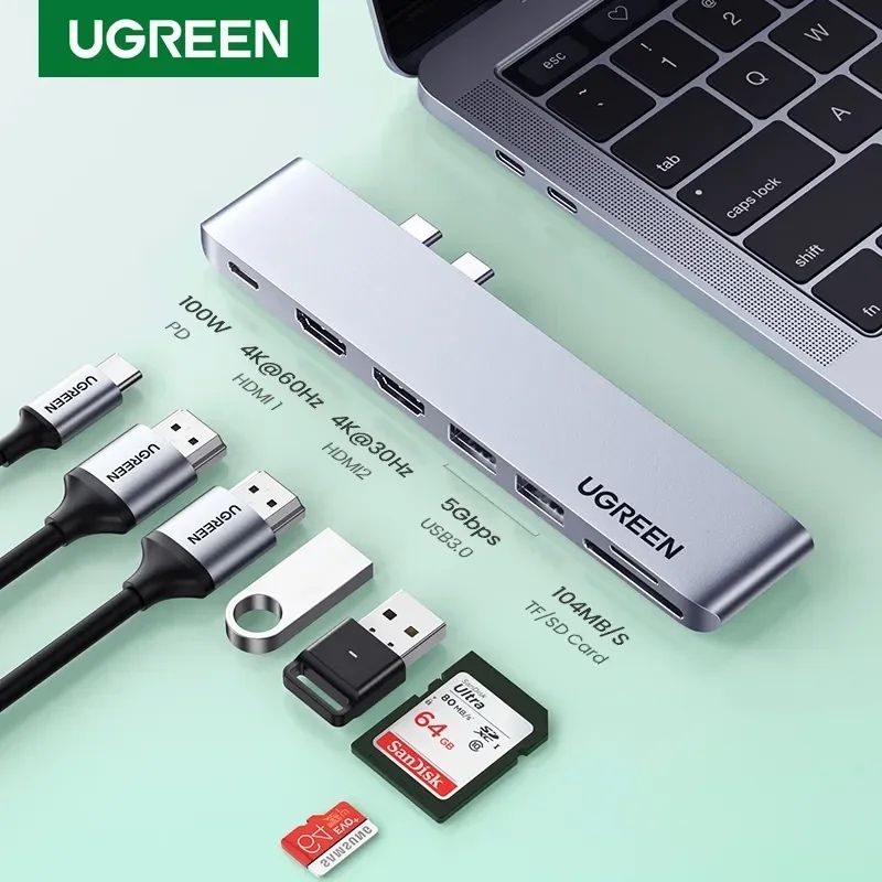 UGREEN Конвертер сигнала CM356, Dual USB-C To 2*USB 3.0 A+USB-C