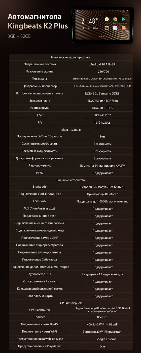 Автомагнитола Kingbeats K2 Plus 3GB+32GB, ANDROID 10, GPS, WIFI