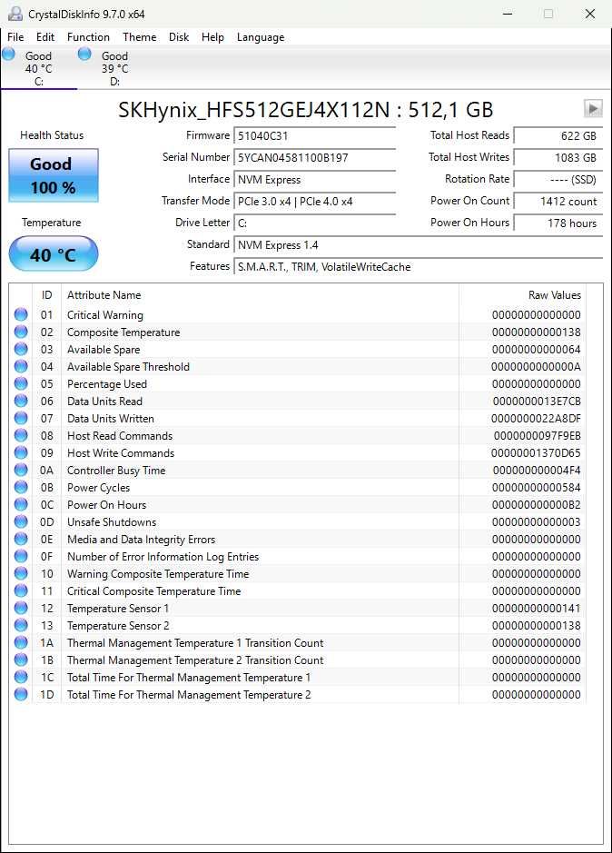 SSD диск 512GB M.2 NVMe SKHynix HFS512GEJ4X112N