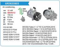 Компрессор кондиционера Volkswagen Polo, Skoda Rapid, Roomster, Fabia