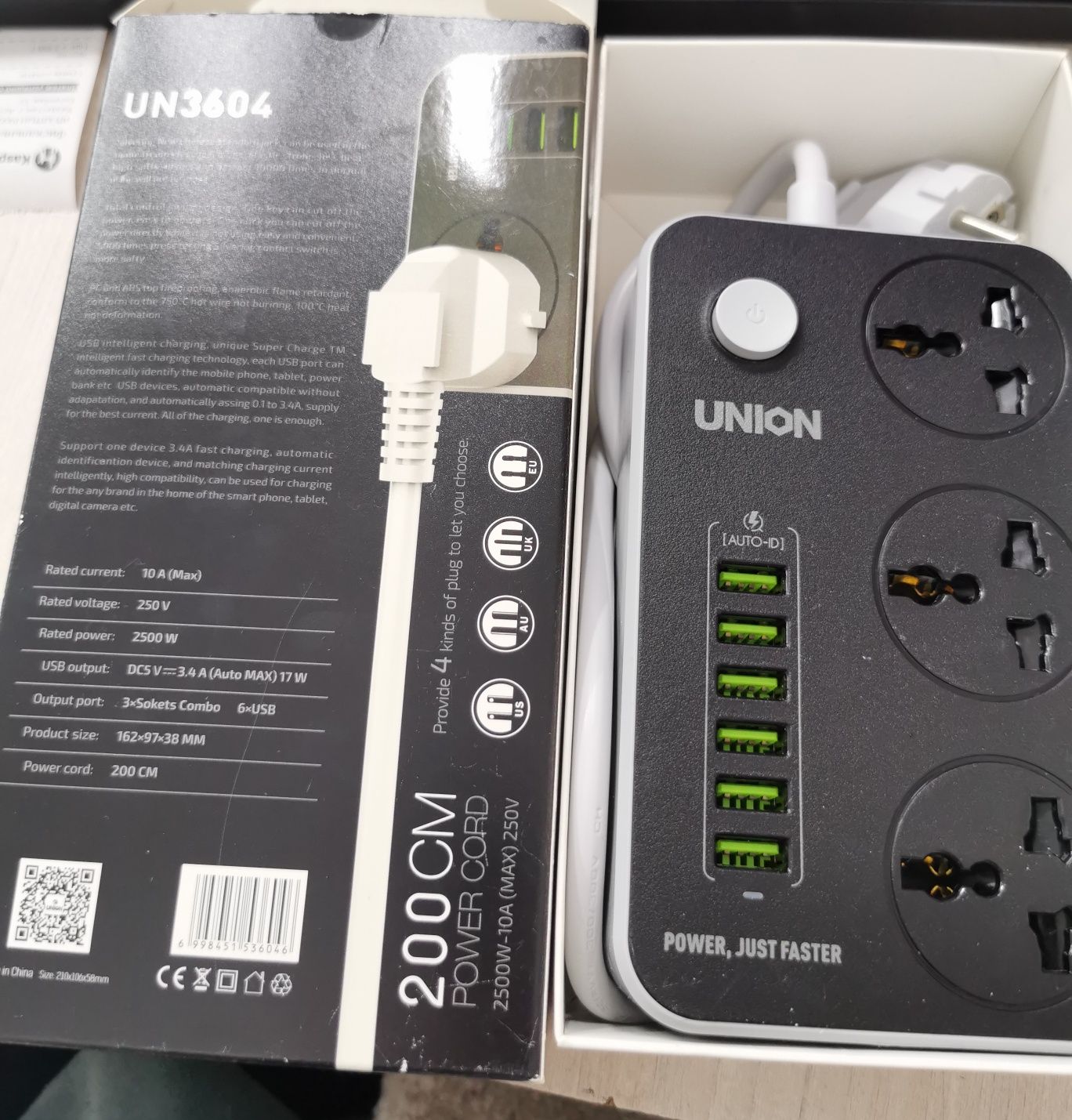 Сетевой фильтр Union 3 роз + 6 usb (евростандарт без заземления)