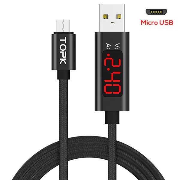 Новый Кабель Topk microUSB 1m 2.4A с дисплеем (напряжение, сила тока)