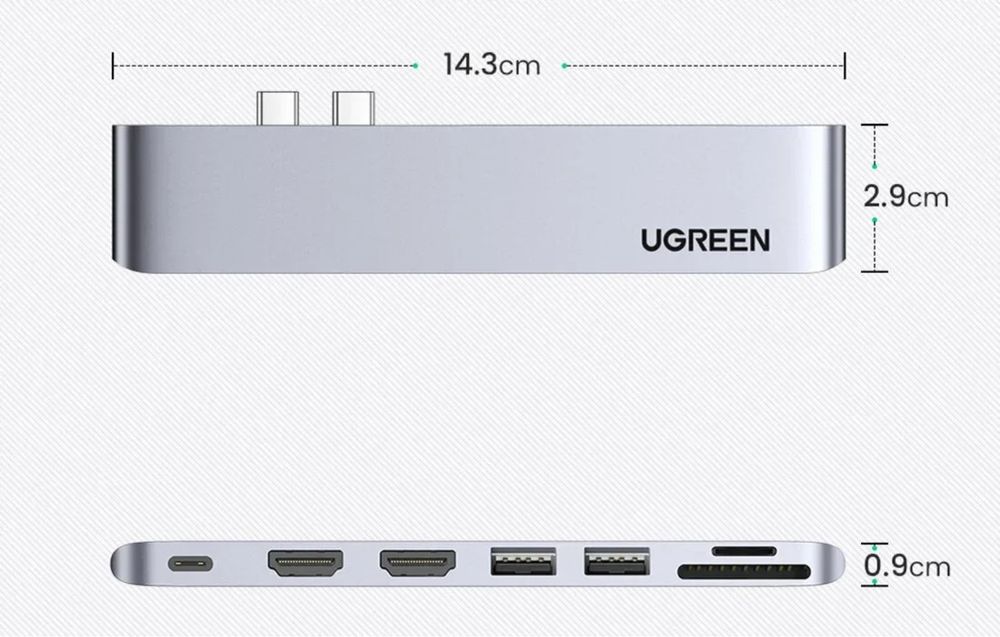 UGREEN Конвертер сигнала CM356, Dual USB-C To 2*USB 3.0 A+USB-C
