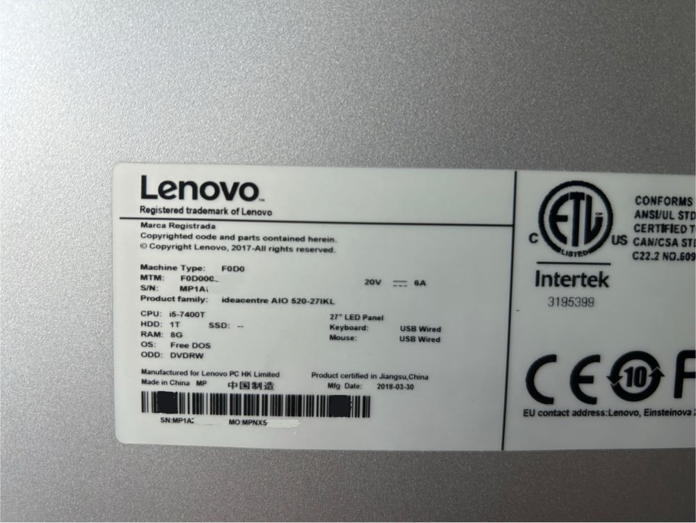 Моноблок Lenovo Ideacentre AIO- 520-27IKL 1Tb