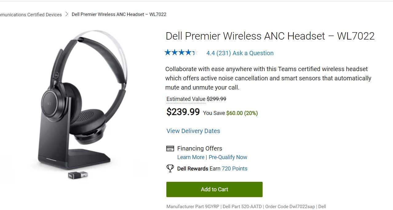 Гарнитура с шумоподавлением Dell Premier Wireless – WL7022
