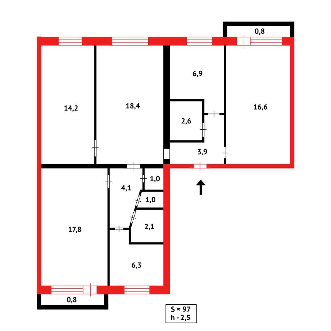 S  Продам 5-ти ком по Мира 3/5 этаж, не угловая