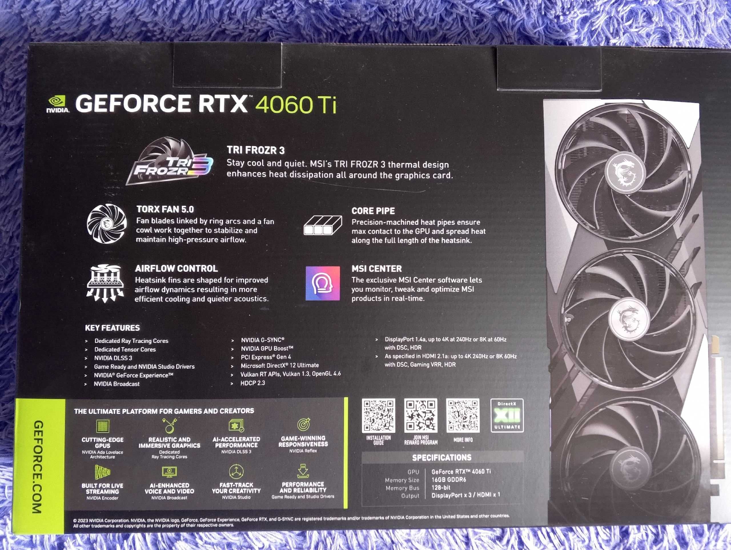 Видеокарта MSI RTX 4060 Ti 16GB Gaming X Slim TRIO , GDDR6