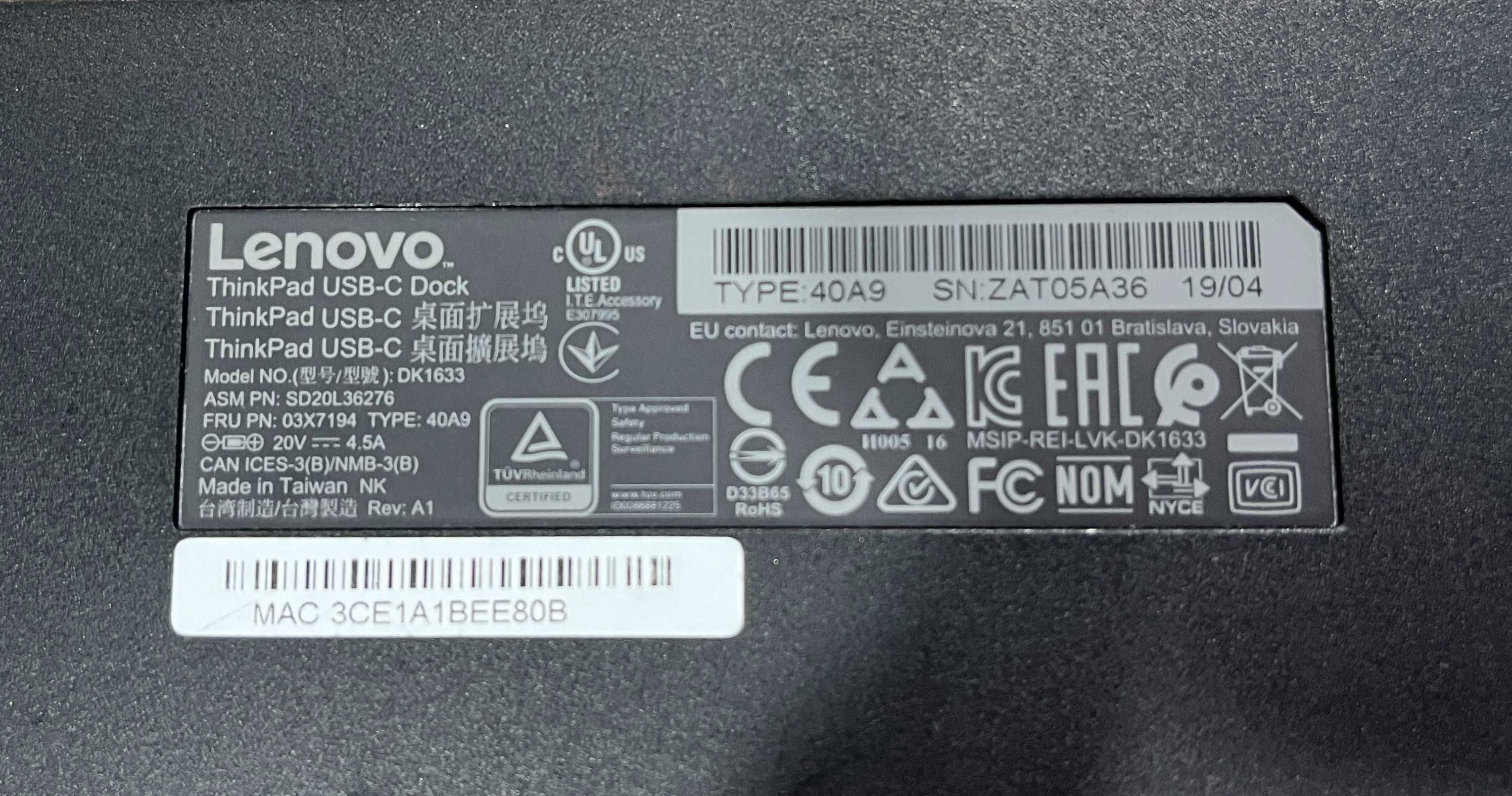 Докстанция, Docking Station Lenovo ThinkPad USB -C Dock 40A9