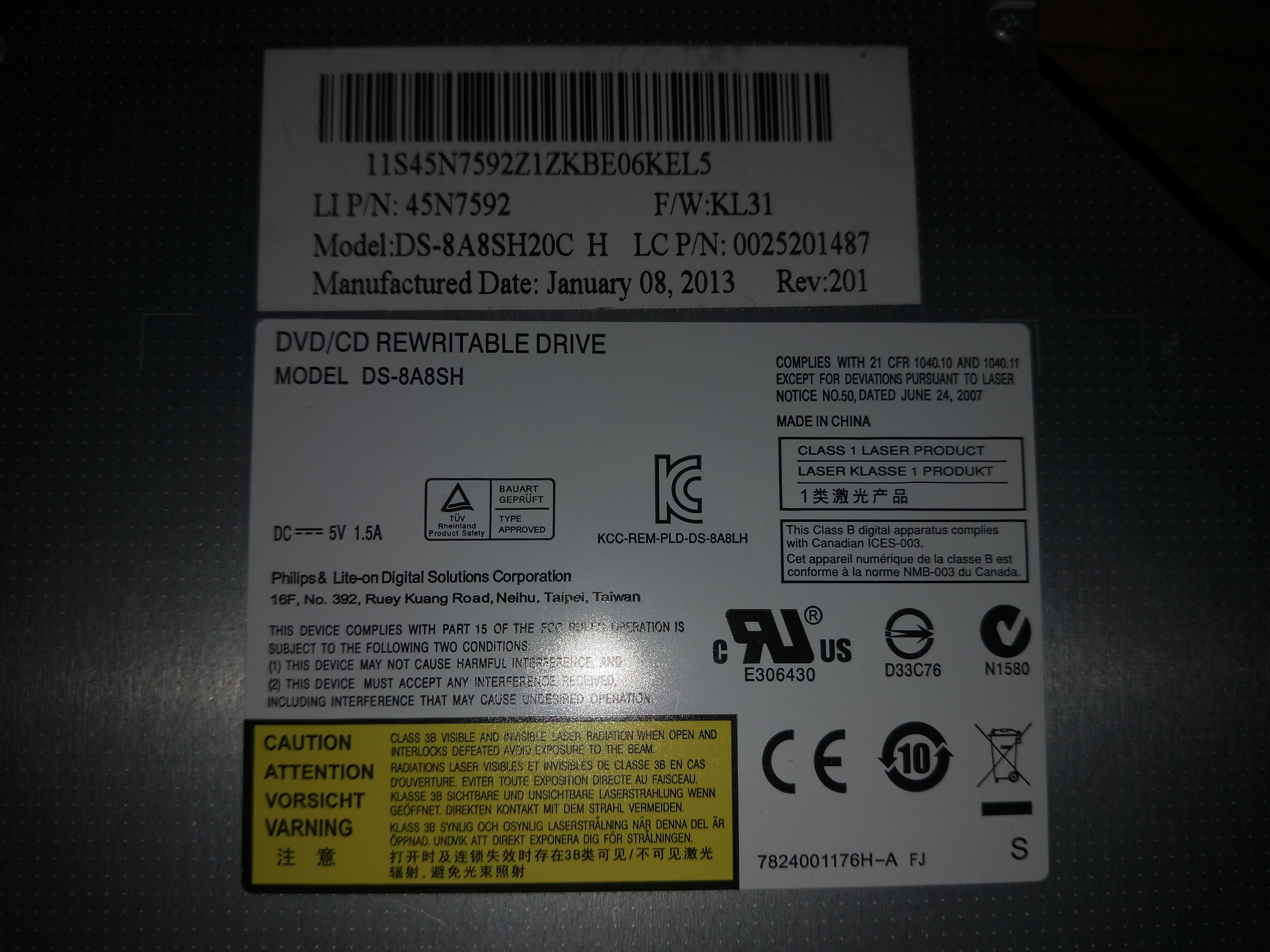 Тонкий внутренний привод для ноутбука . DVD±RW Lite-On (DS-8A8SH20С)