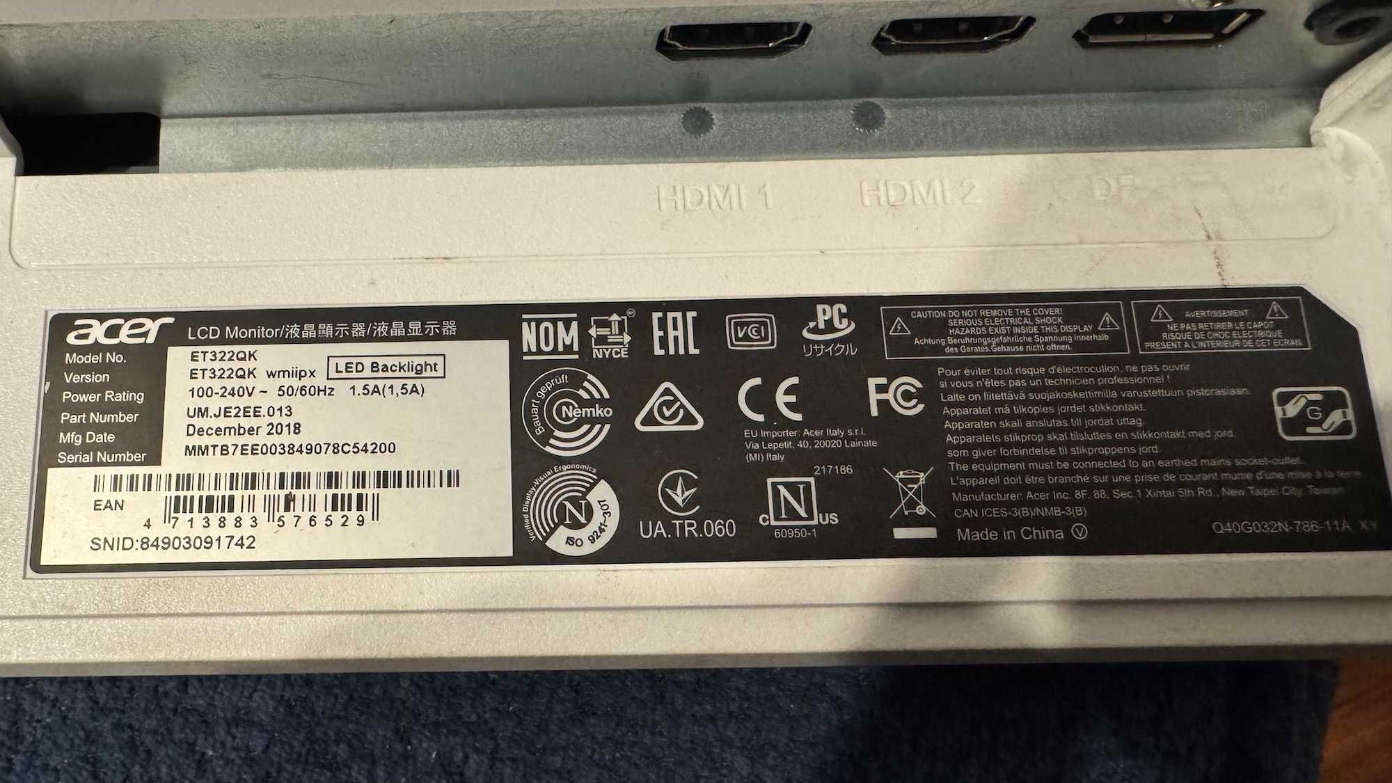 Монитор Acer ET322QK 4K 3840x2160 32 дюйма