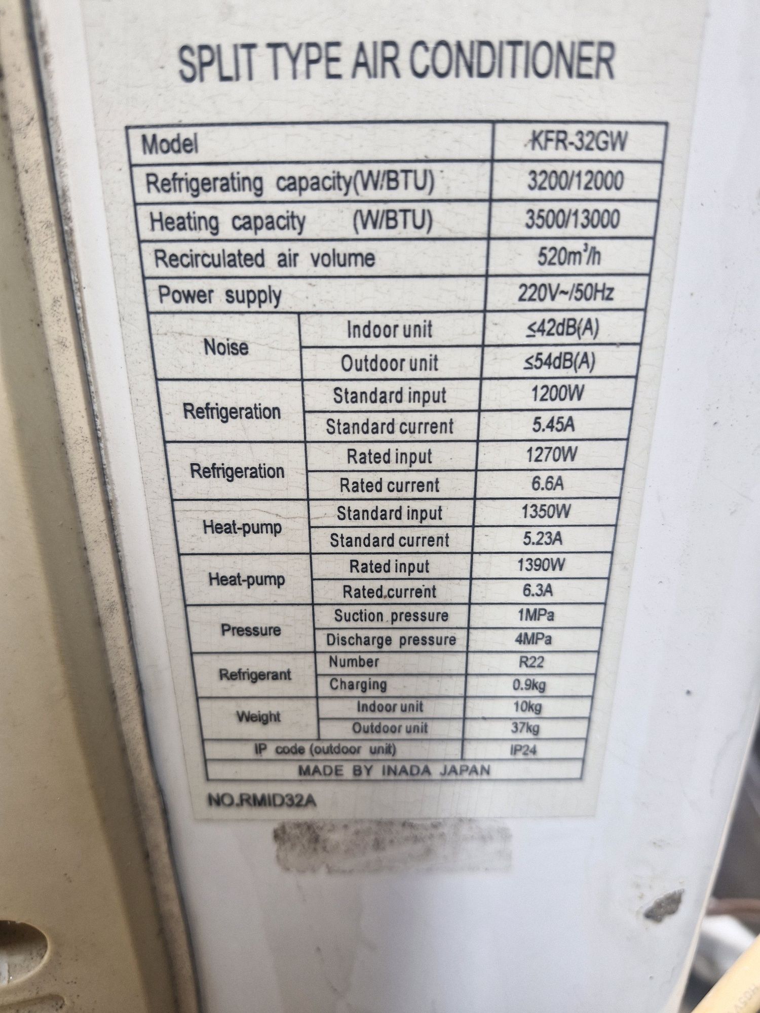 Продаю кондиционер марки(INADA)-япония. 12-модель,на 36кв.м.б/у.в хоро
