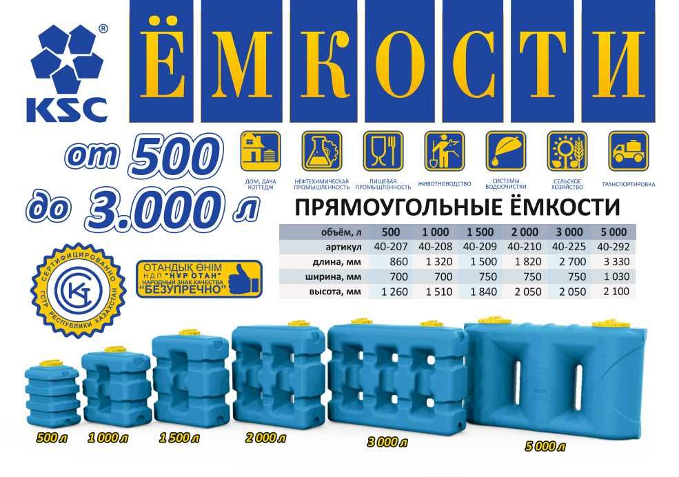 Емкость бак бочка 2000 литров прямоугольная с завода, гарантия