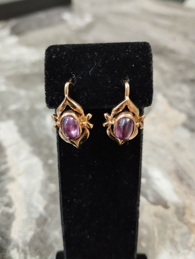 Серьги золотые, камень корунд Александрит , ( кабошон ), СССР