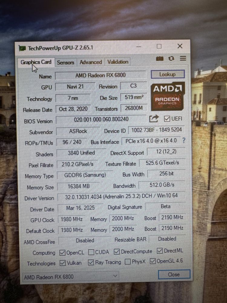 Видеокарта Asrock Radeon RX 6800 16gb 256bit