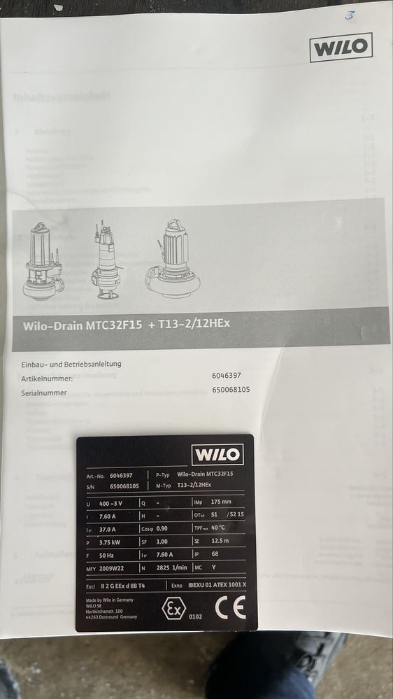 Погружной дренажный насос Wilo-drain mtc 32f15