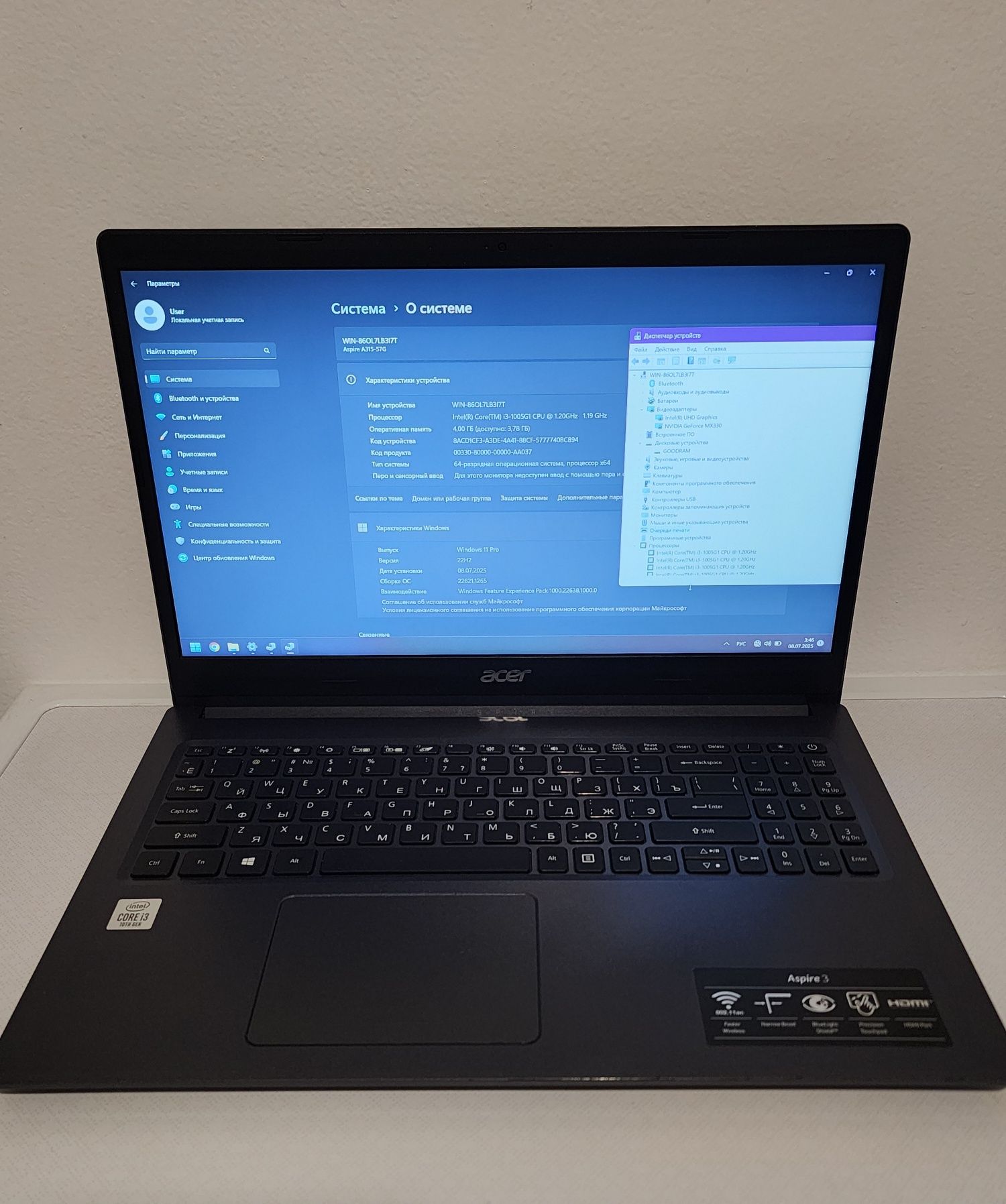 Срочно ноутбук Aser/ Core i3 1005G1/ 4Gb/ SSD256/ Geforce MX330