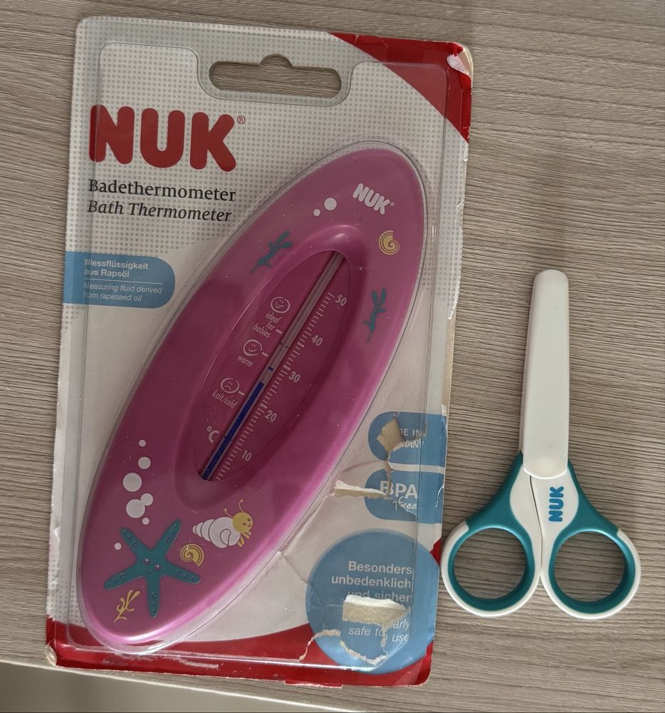 NUK Термометр для воды детский. Ножницы маникюрные детские. Градусник