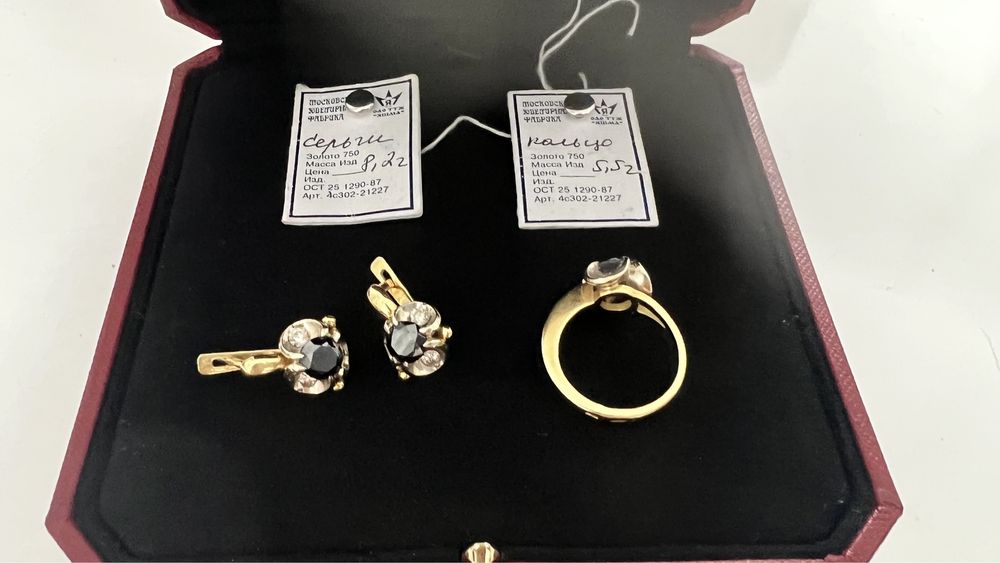Сережки золото 750 проба камни Черный бриллиант и прозрачные 3