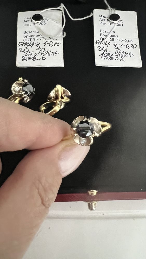 Сережки золото 750 проба камни Черный бриллиант и прозрачные 3