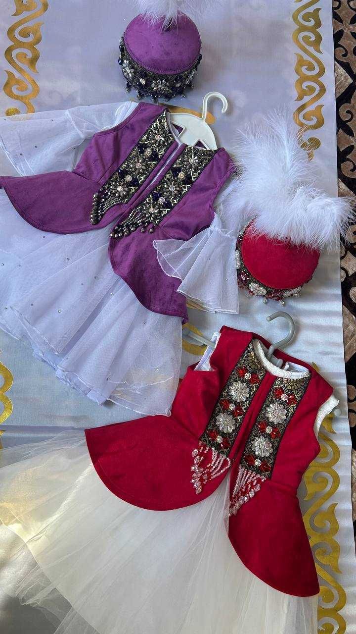 1 жас қызға ұлттық костюм тұсау кесу ақ жол ала жіп қазақша көйлек