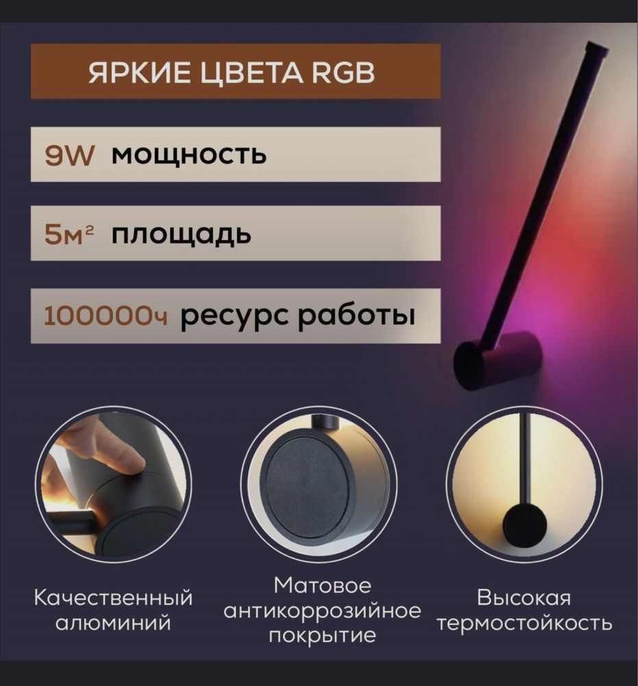 Светильник настенный свтодиодный. Бра Shumshop s16 RGB 9W. Черный 60см