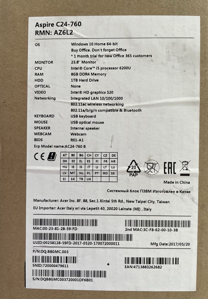Моноблок Acer Aspire c24-760