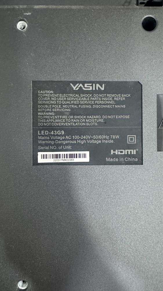 Телевизор Yasin Led 43G9. На запчасти. Не рабочий