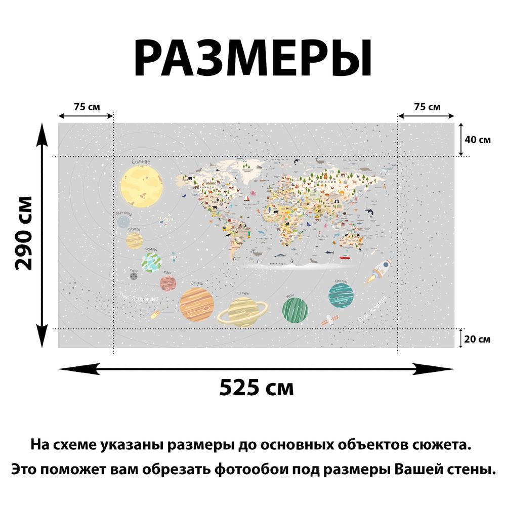 Фотообои Карта мира с планетами 525х290 см светлая