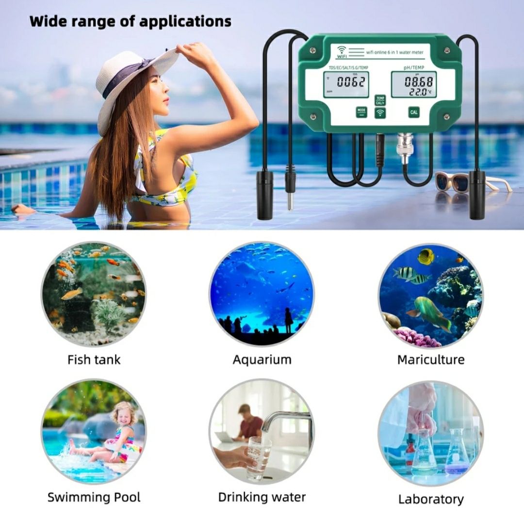PH metr, ПШ Метр 6 в 1, WI-FI, TDS, EC, теперартура, для аквариума
