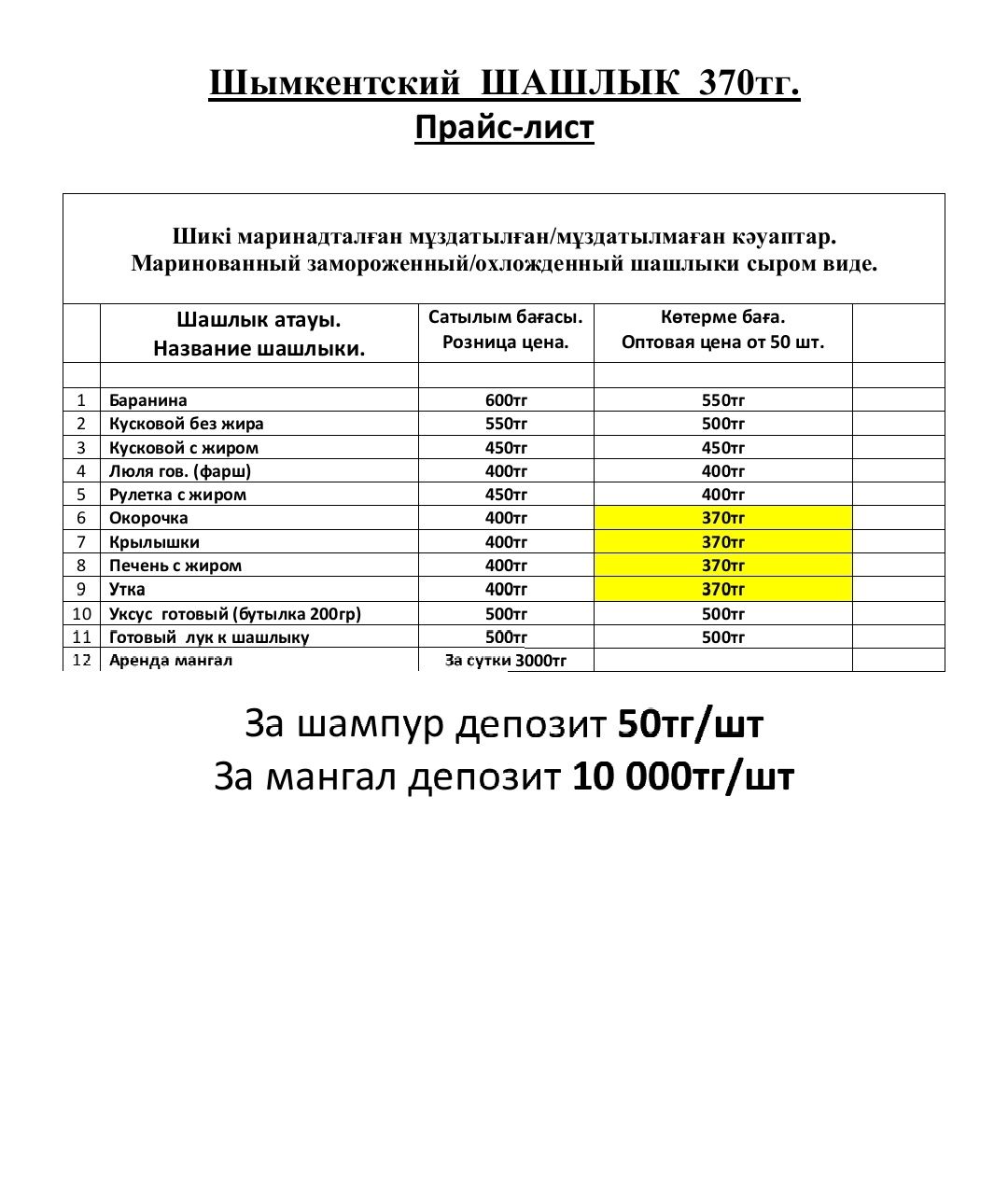 Маринад от 370тг Шашлыки по Шымкентский