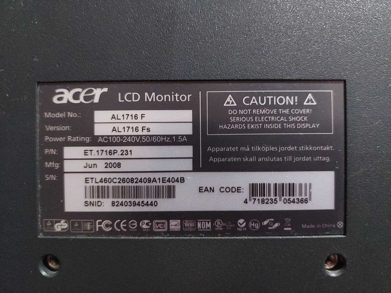 монитор Acer AL1716 TFT  17-дюймовый
