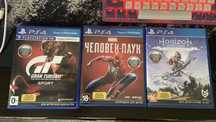 Диски на ps4. Человек паук, Horizon zero dawn, gran turismo sport