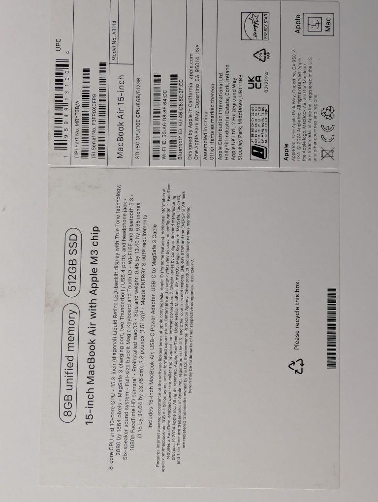 Продам MacBook Air 15" M3 (8/512Gb) — как новый
