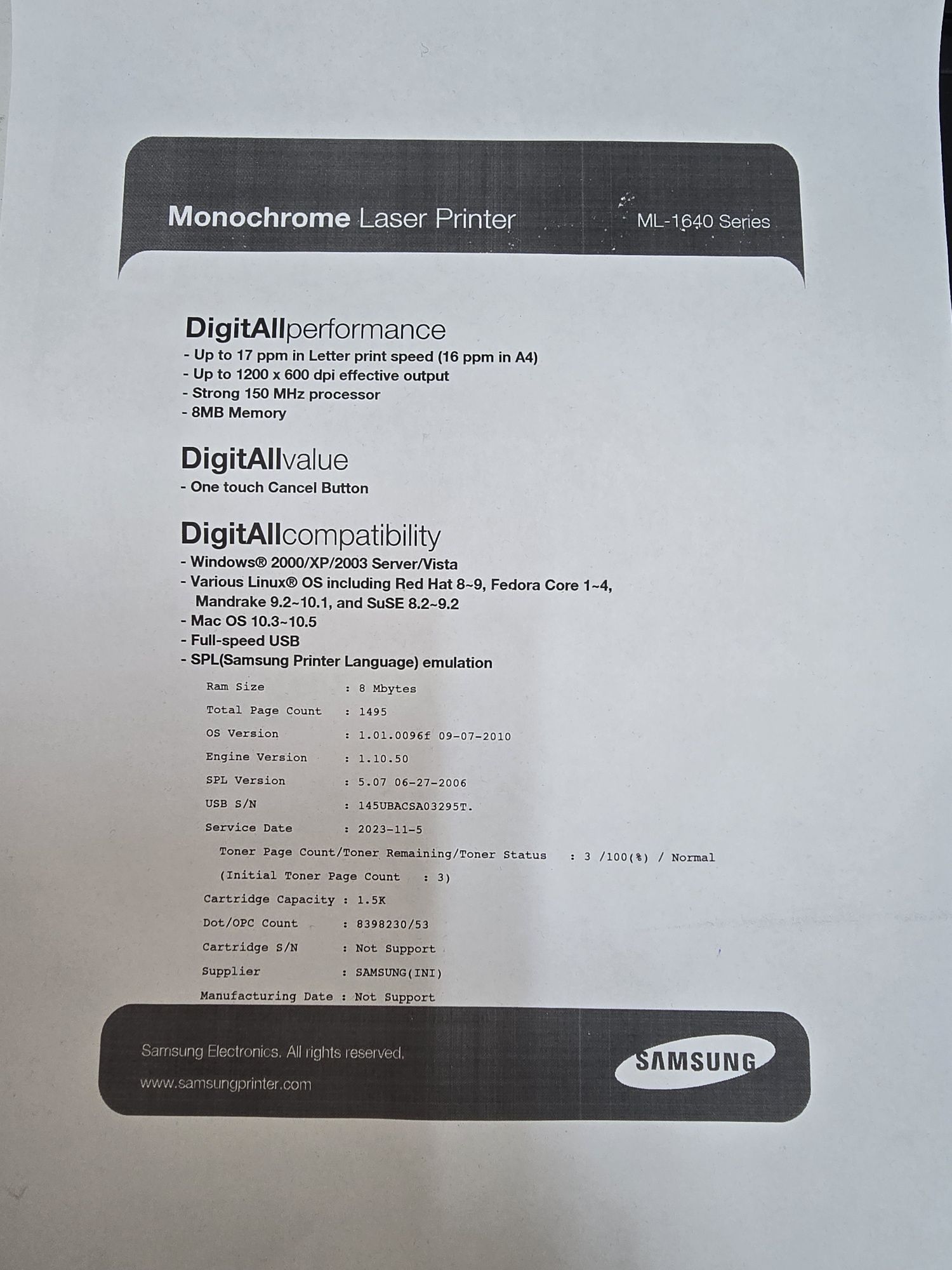 Samsung ML-1640 Прошитый работает без чипа