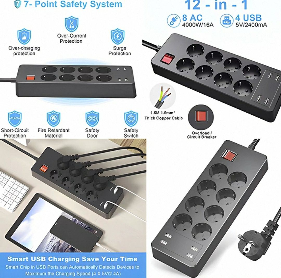 Многофункциональный сетевой фильтр удлинитель AONOKA 8 розеток 4*USB 5