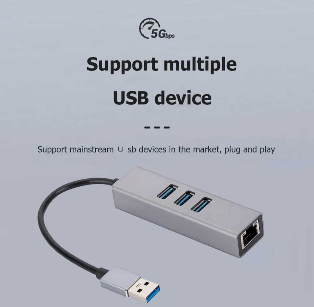 Переходник lan на USB 1000 MB + HUB 3.0. качественный.