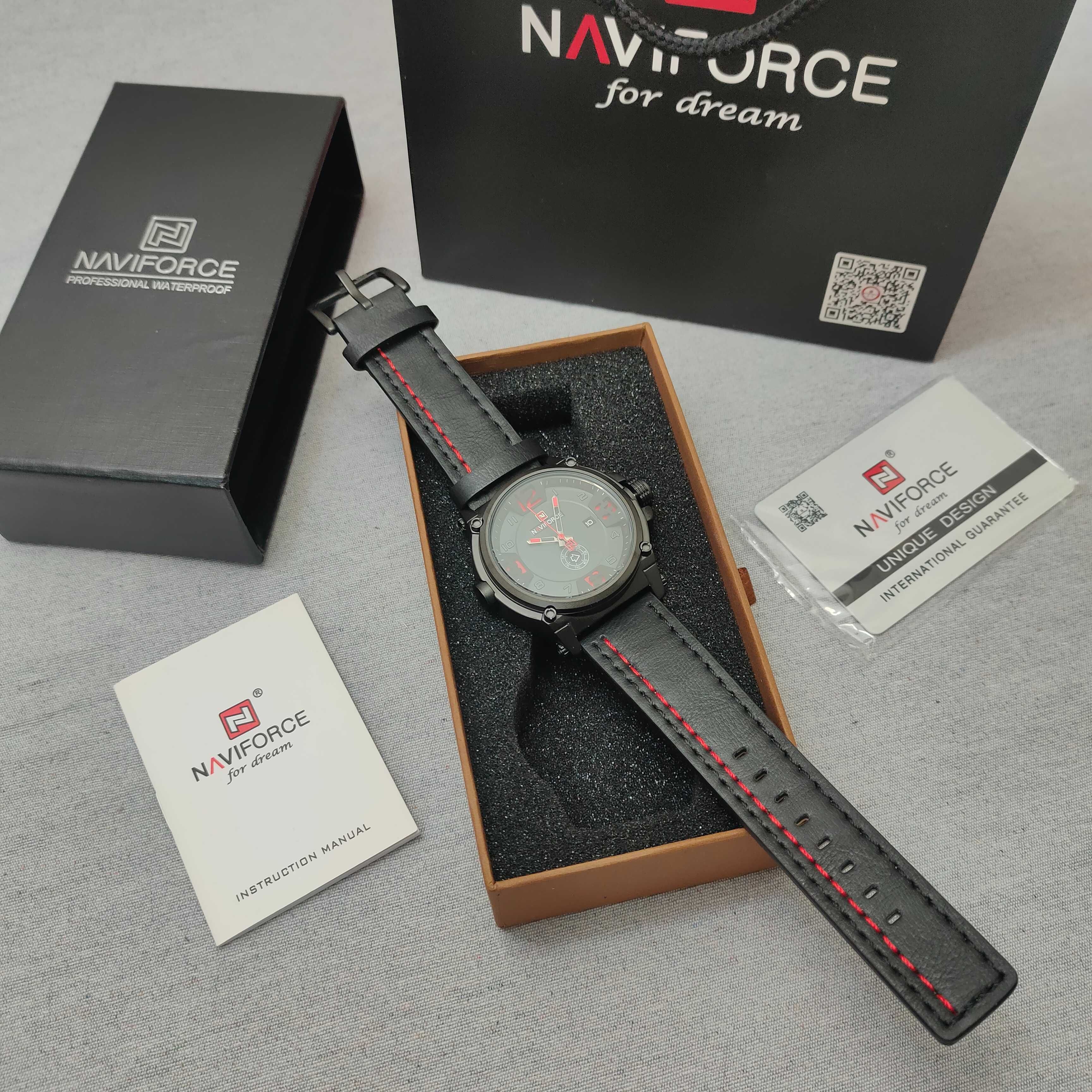 Naviforce 9099 — новые оригинальные часы, чёрные с красными акцентами